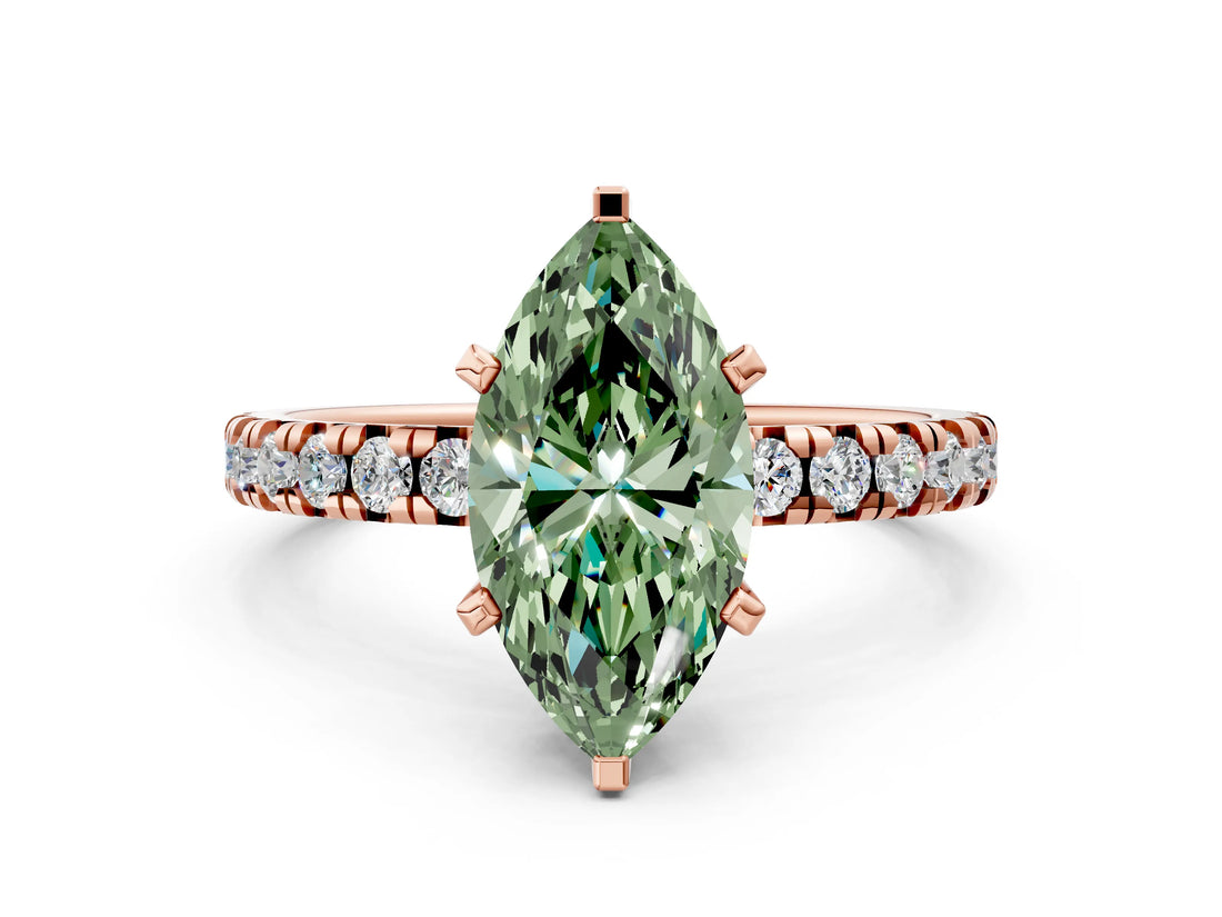 Rose gold Fancy Green Marquise Cut Diamond Solitaire Pavé Engagement Ring with Round Band and Prong Setting_74