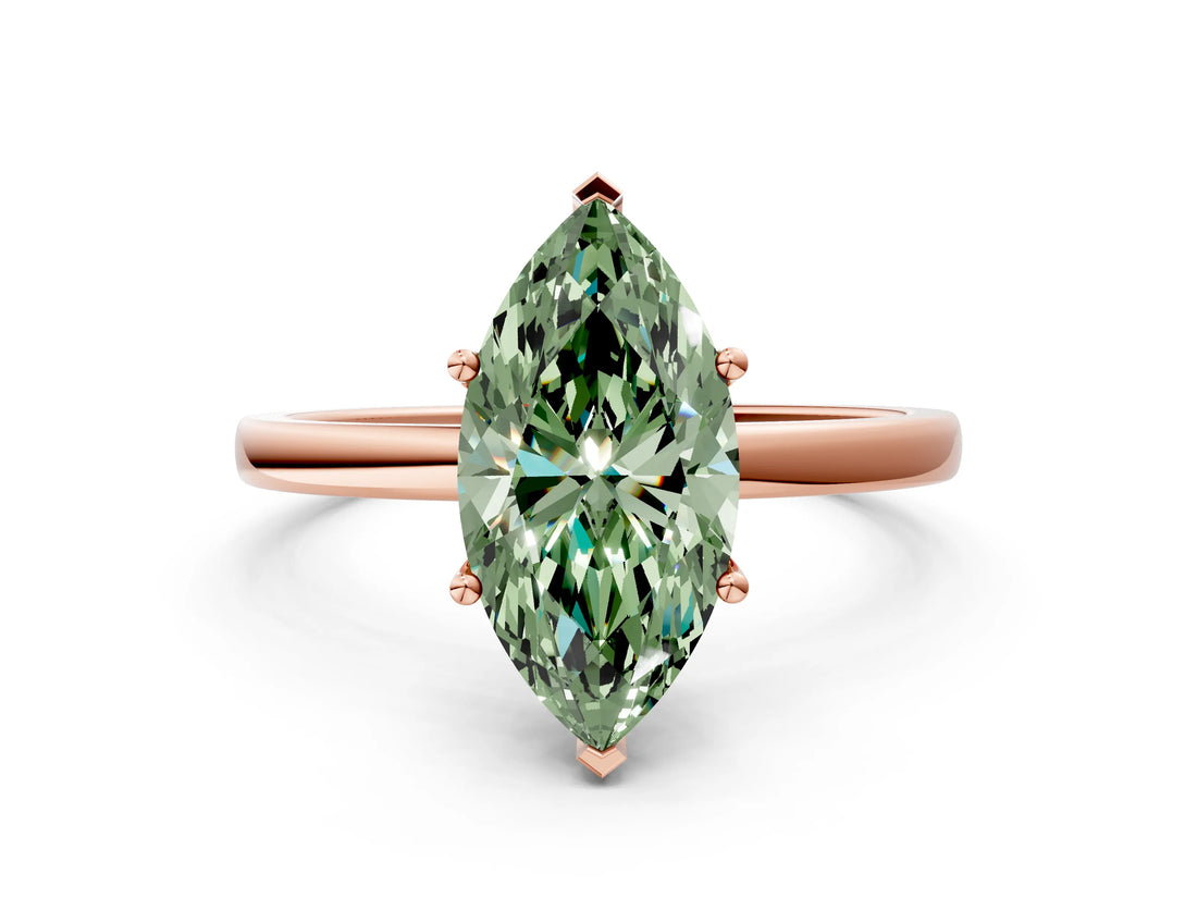 Rose gold Fancy Green Marquise Cut Diamond Solitaire Ring with Classic Band and Four-Prong Setting
