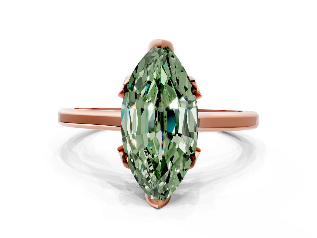 Rose gold Fancy Green Marquise Cut Diamond Solitaire Ring with Flower Prong Setting and Classic Band_64