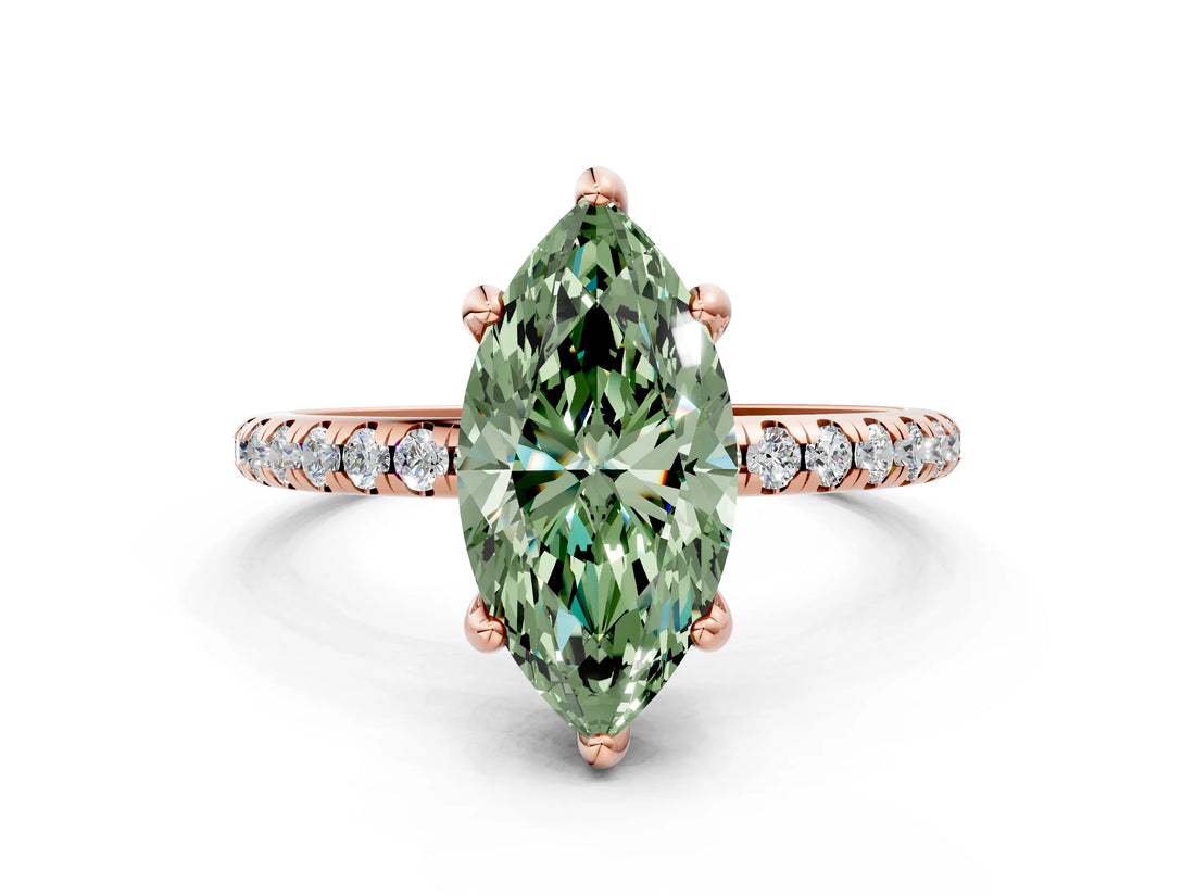 Rose gold Fancy Green Marquise Cut Diamond Solitaire Ring with Four-Prong Setting and Pavé Band_3