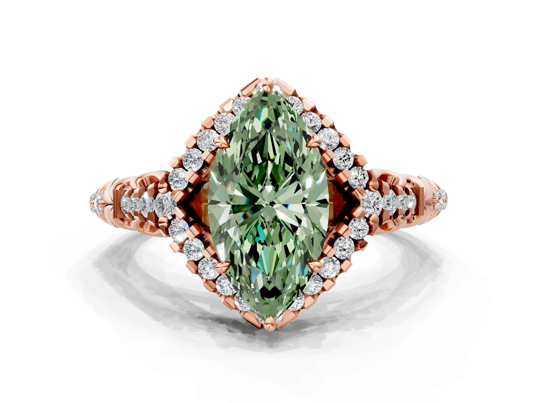 Rose gold Fancy Green Marquise Cut Diamond Solitaire Ring with Hidden Halo and Pavé Band_27