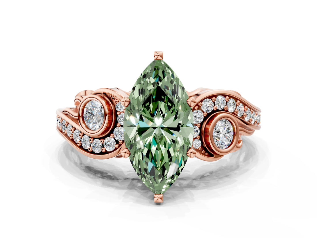 Rose gold Fancy Green Marquise Cut Diamond Solitaire Ring with Milgrain Pavé Band and Four-Prong Setting_173