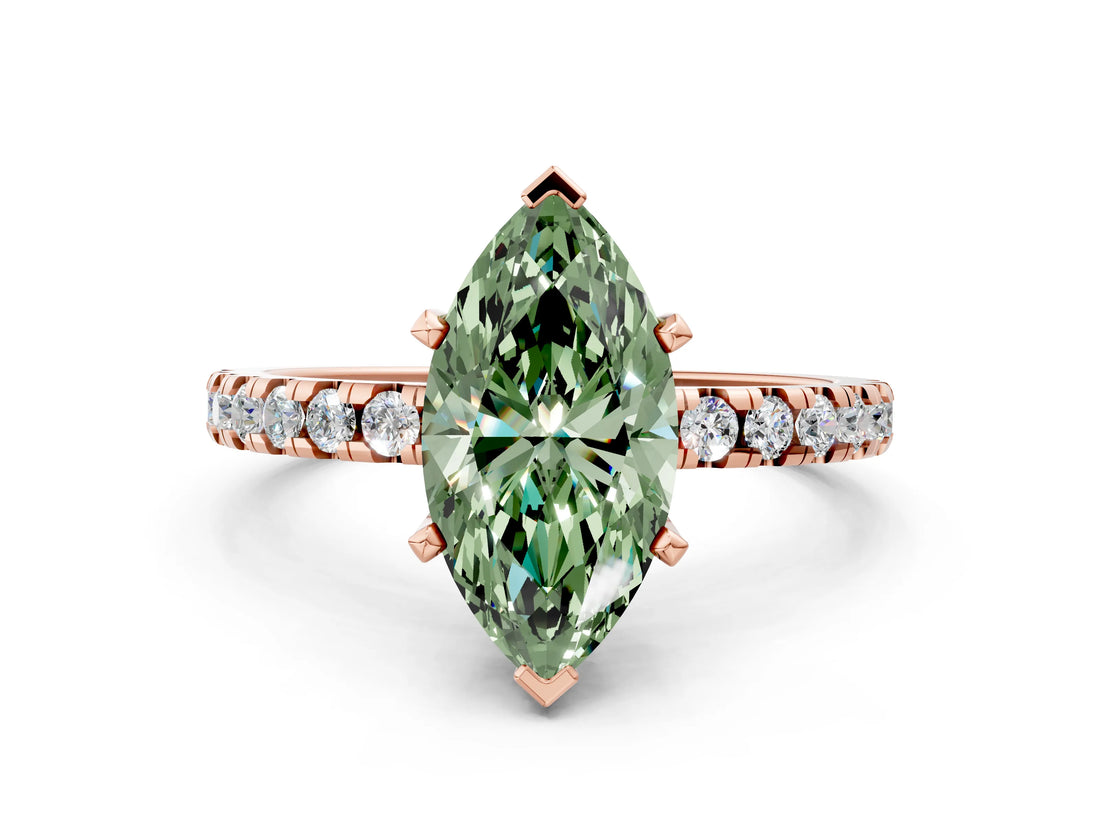 Rose gold Fancy Green Marquise Cut Diamond Solitaire Ring with Pavé Band and Four-Prong Setting_120