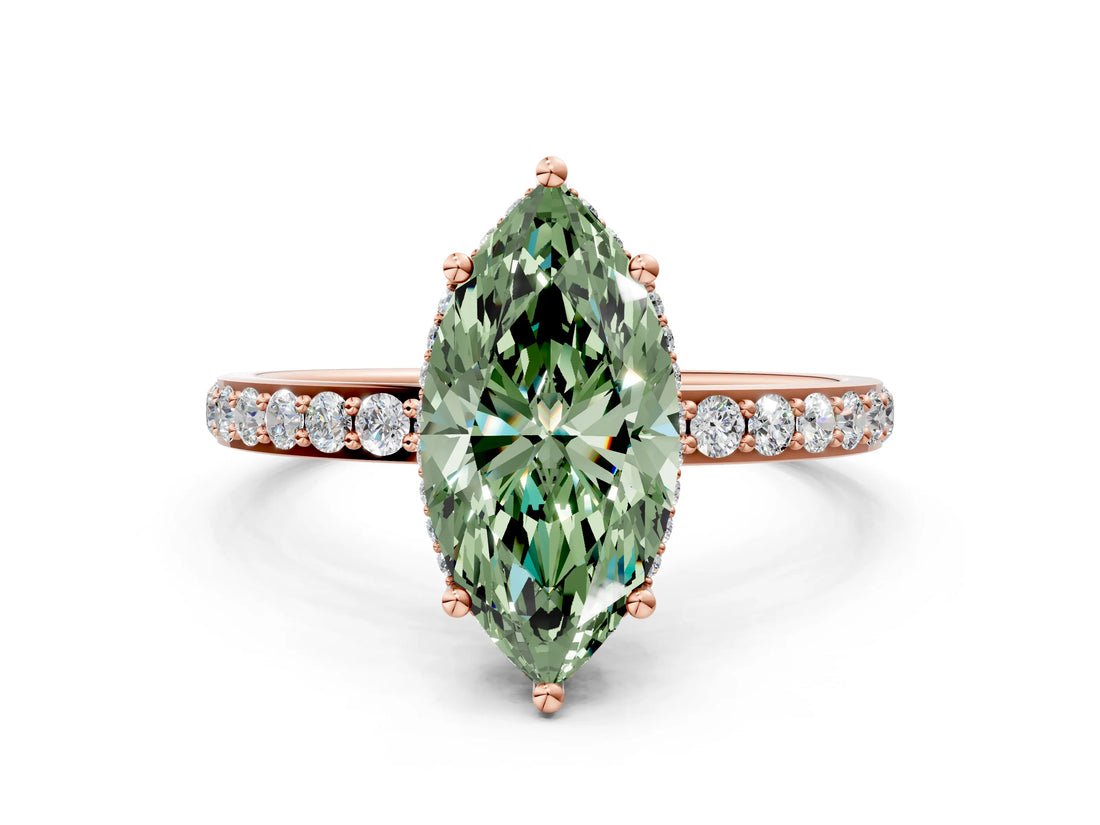 Rose gold Fancy Green Marquise Cut Diamond Solitaire Ring with Pavé Band and Hidden Halo_20