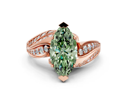 Rose gold Fancy Green Marquise Cut Diamond Solitaire Ring with Prong Setting and Twisted Pavé Band_12