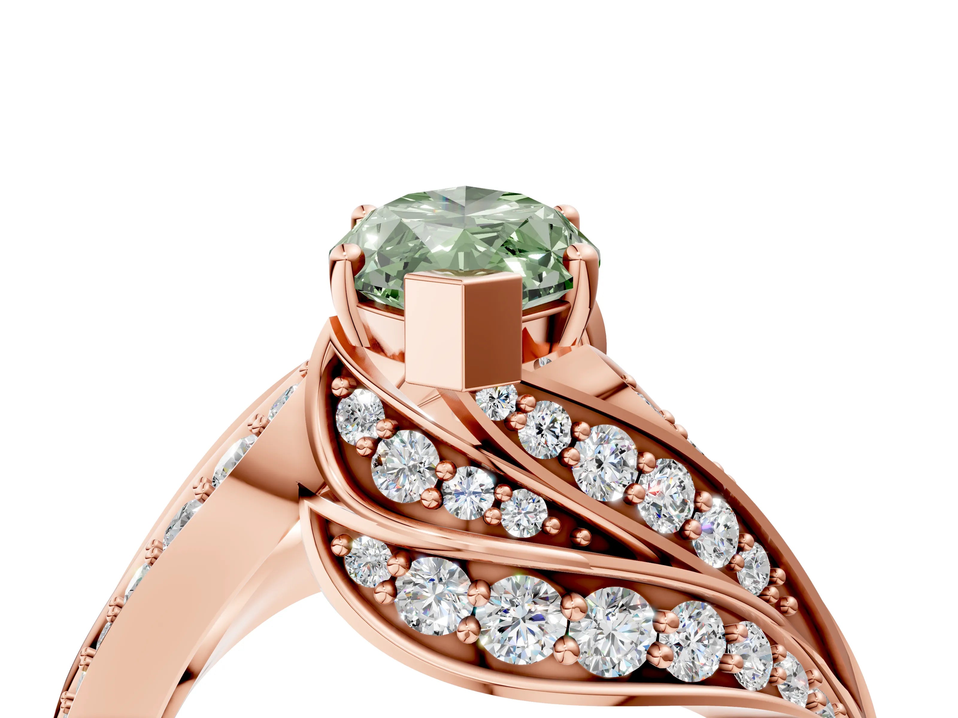 Rose gold Fancy Green Marquise Cut Diamond Solitaire Ring with Prong Setting and Twisted Pavé Band_16