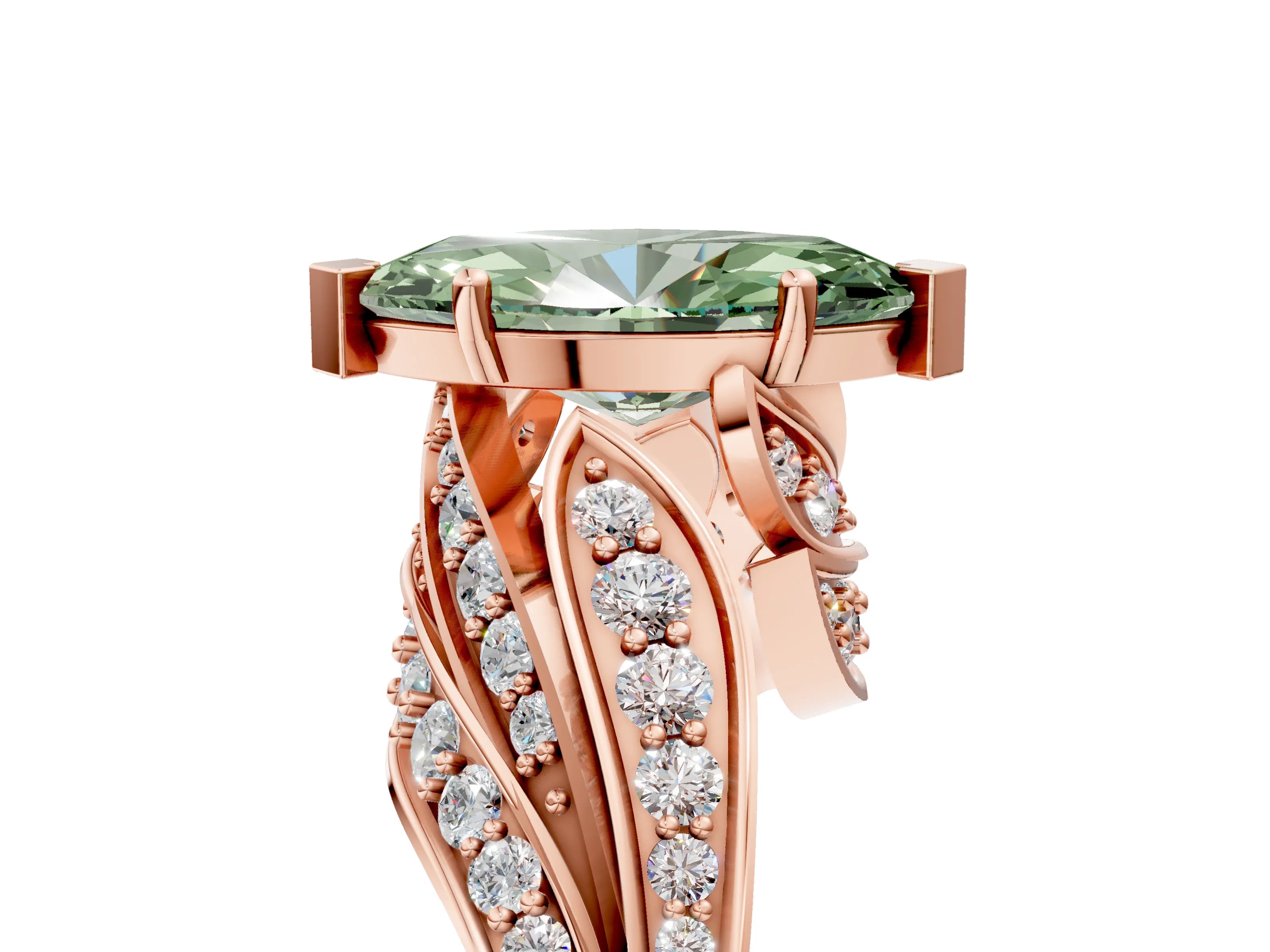 Rose gold Fancy Green Marquise Cut Diamond Solitaire Ring with Prong Setting and Twisted Pavé Band_17