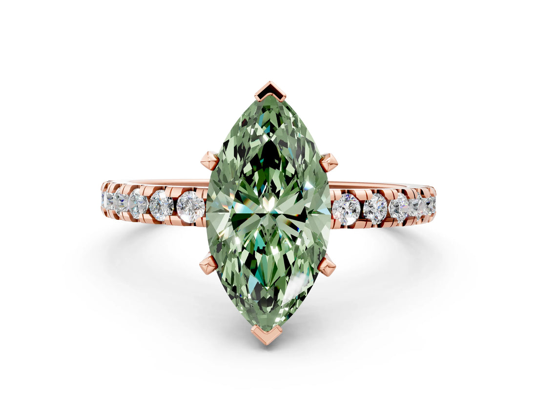 Rose gold Fancy Green Marquise Cut Diamond Solitaire Ring with Round  Pavé Band and Four-Prong Setting_36