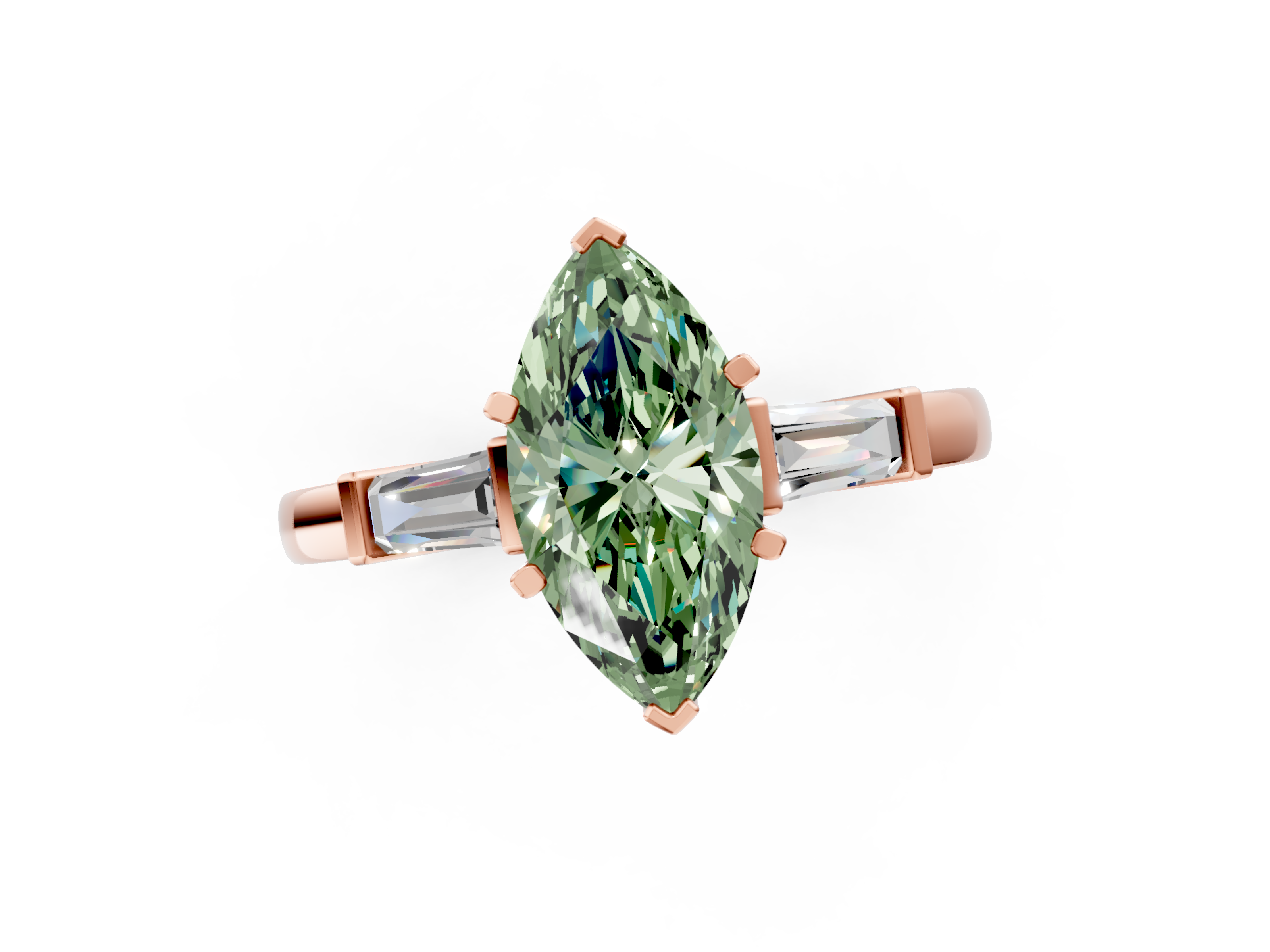 Rose gold Fancy Green Marquise  Cut Diamond Solitaire Ring with Tapered Baguette Accents and Four-Prong Setting_22