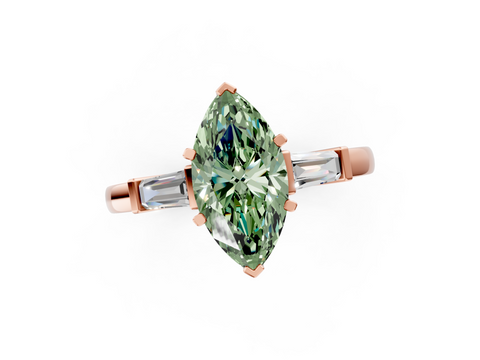 Rose gold Fancy Green Marquise  Cut Diamond Solitaire Ring with Tapered Baguette Accents and Four-Prong Setting_22