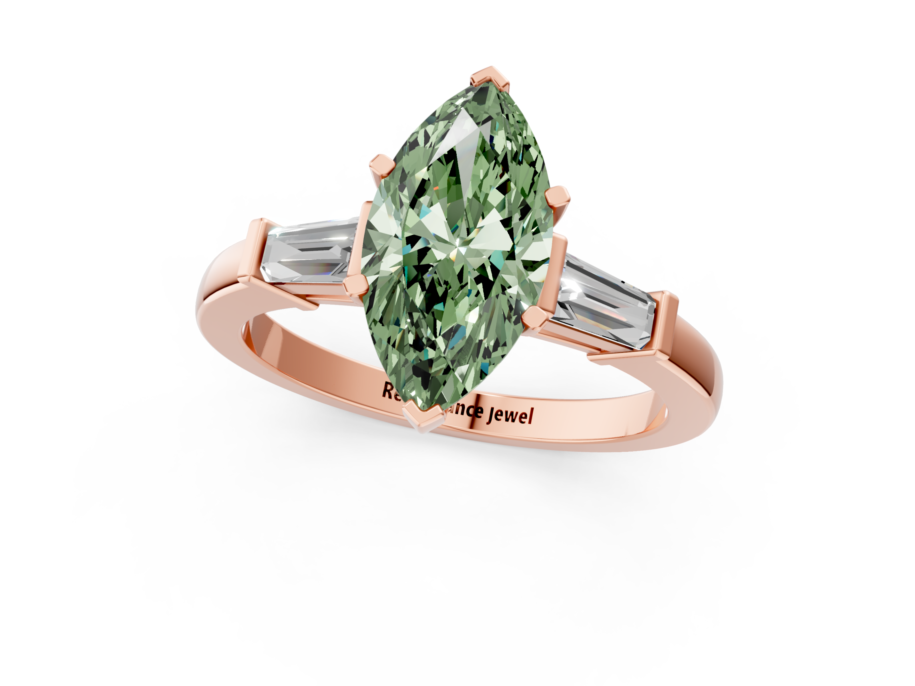 Rose gold Fancy Green Marquise  Cut Diamond Solitaire Ring with Tapered Baguette Accents and Four-Prong Setting_23