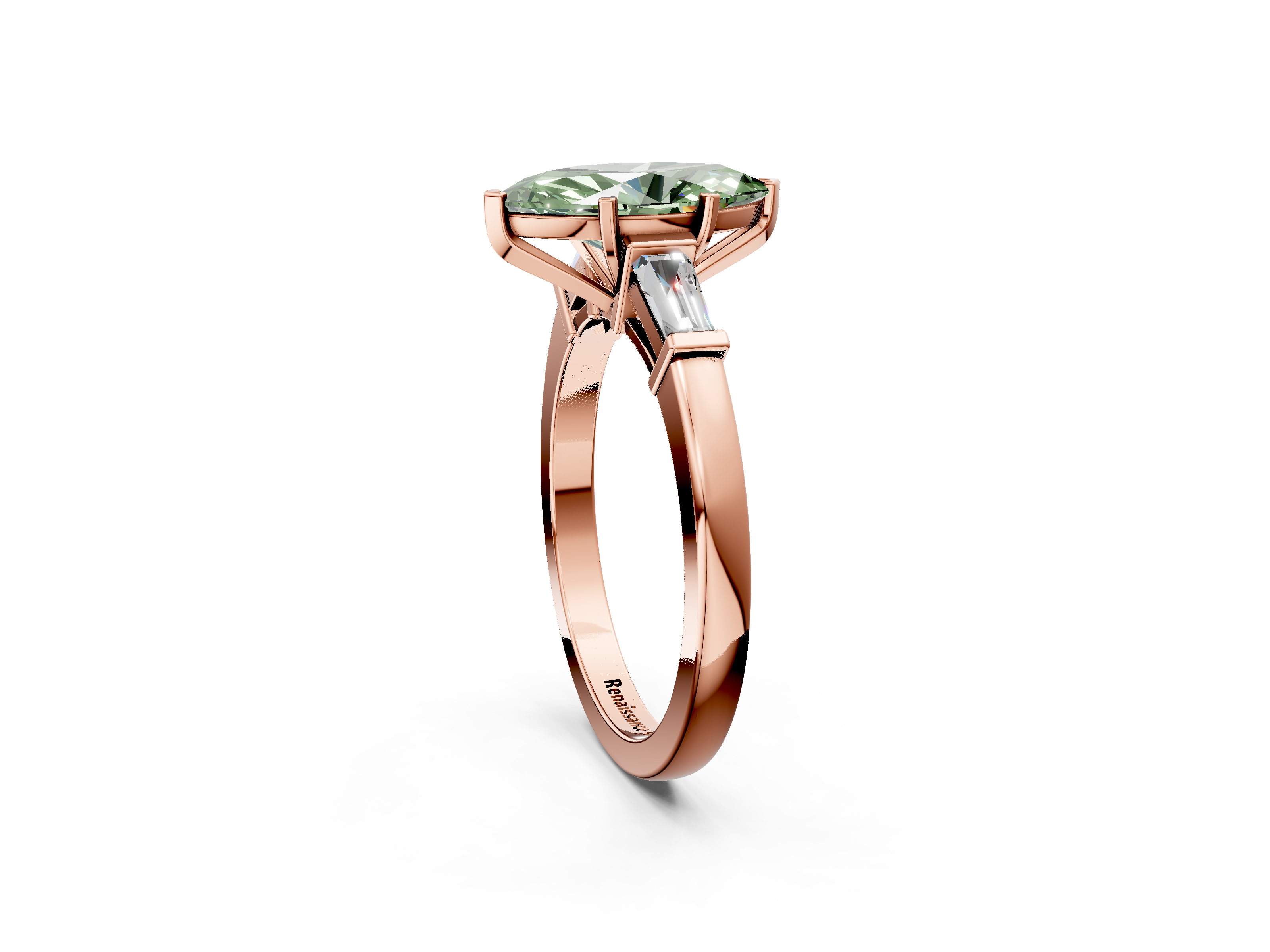 Rose gold Fancy Green Marquise  Cut Diamond Solitaire Ring with Tapered Baguette Accents and Four-Prong Setting_24