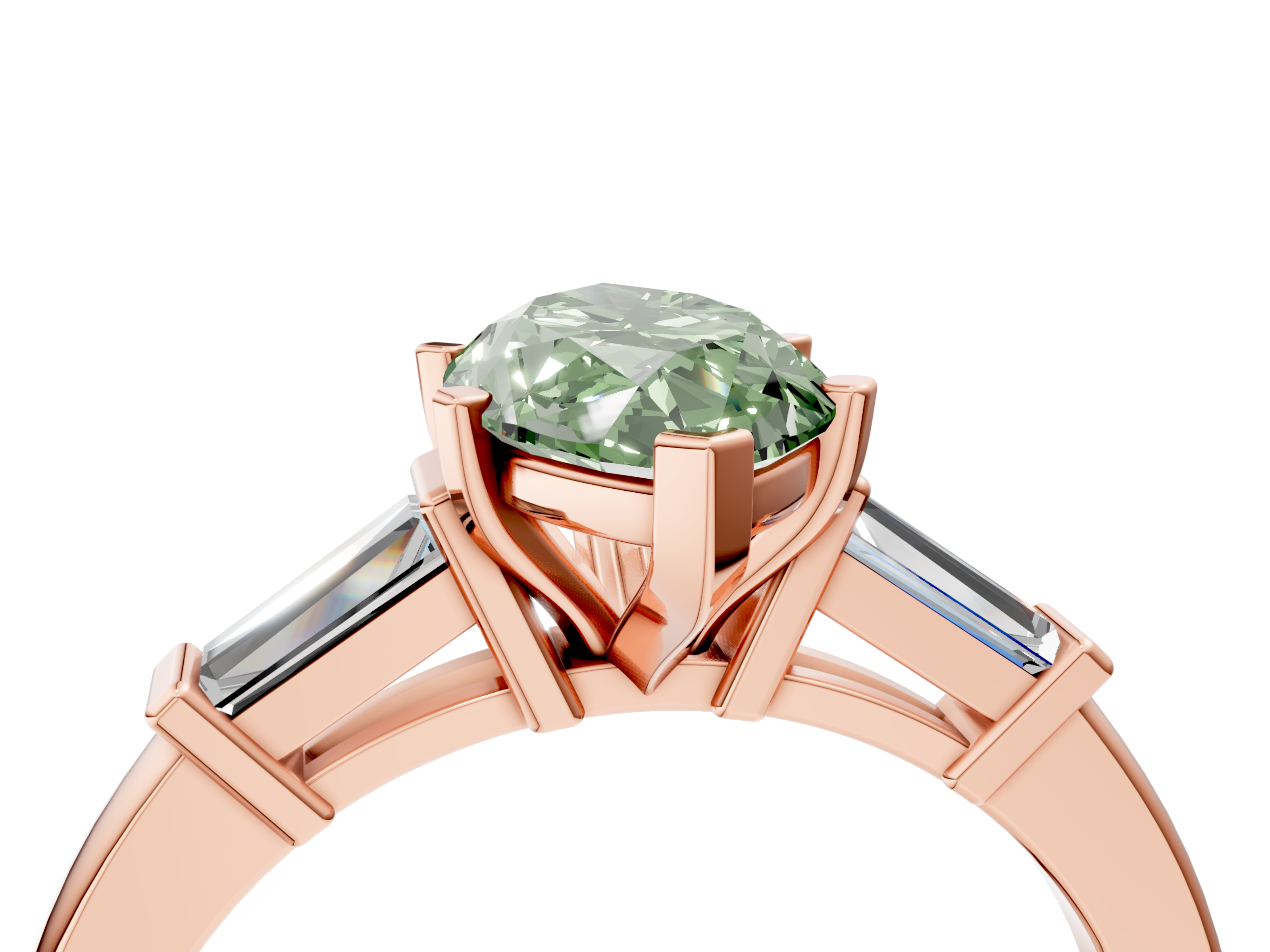 Rose gold Fancy Green Marquise  Cut Diamond Solitaire Ring with Tapered Baguette Accents and Four-Prong Setting_26