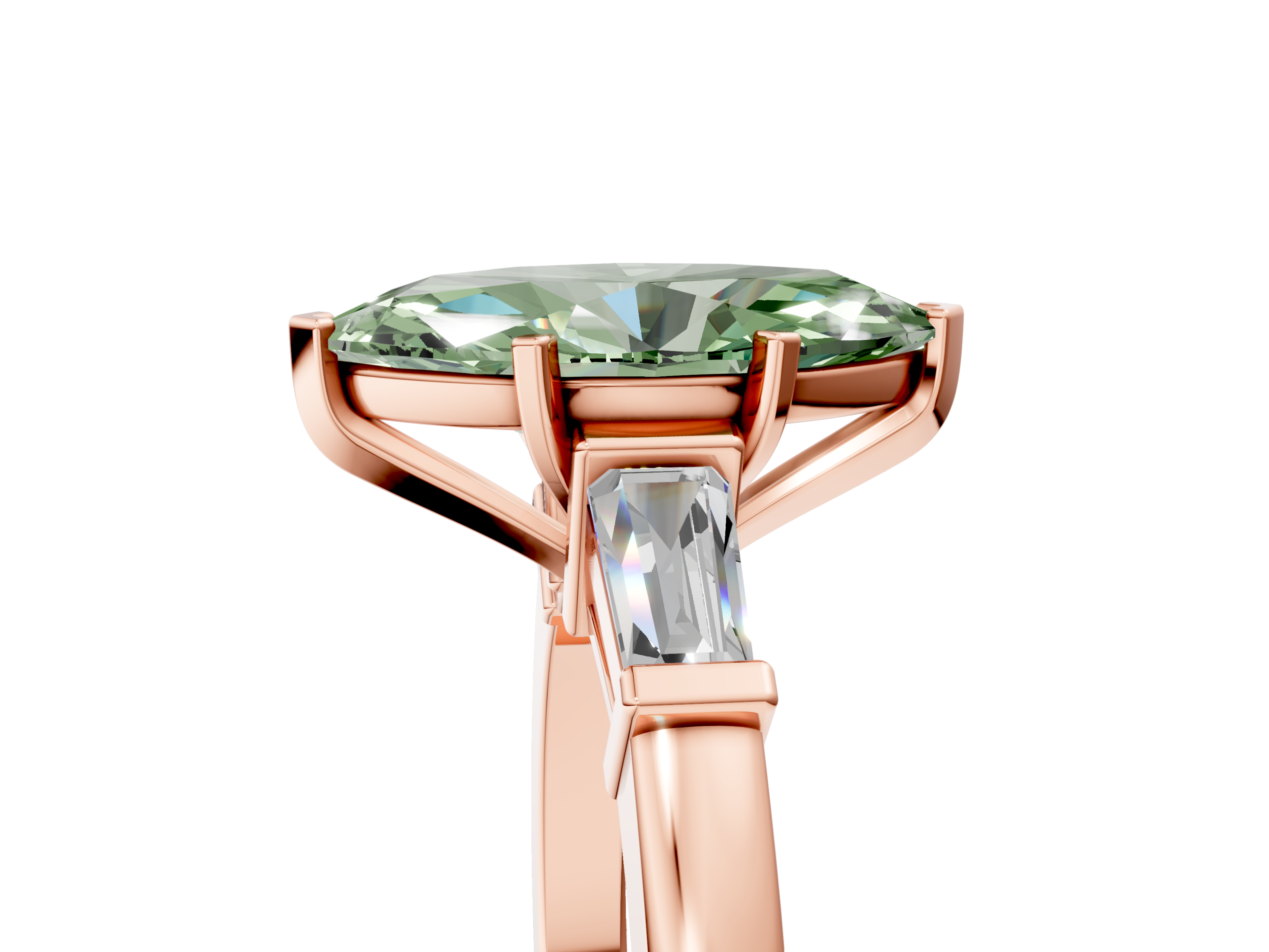 Rose gold Fancy Green Marquise  Cut Diamond Solitaire Ring with Tapered Baguette Accents and Four-Prong Setting_27