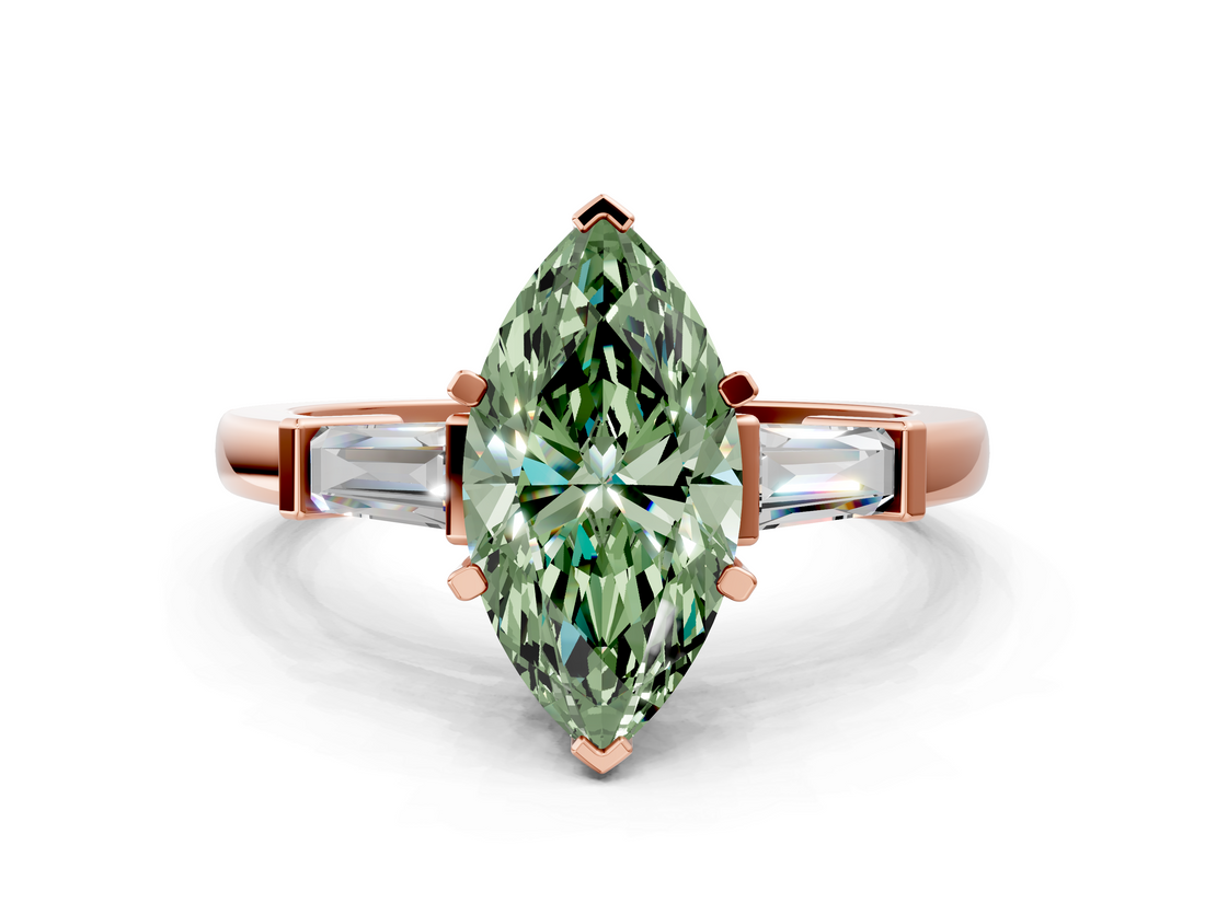 Rose gold Fancy Green Marquise  Cut Diamond Solitaire Ring with Tapered Baguette Accents and Four-Prong Setting_79