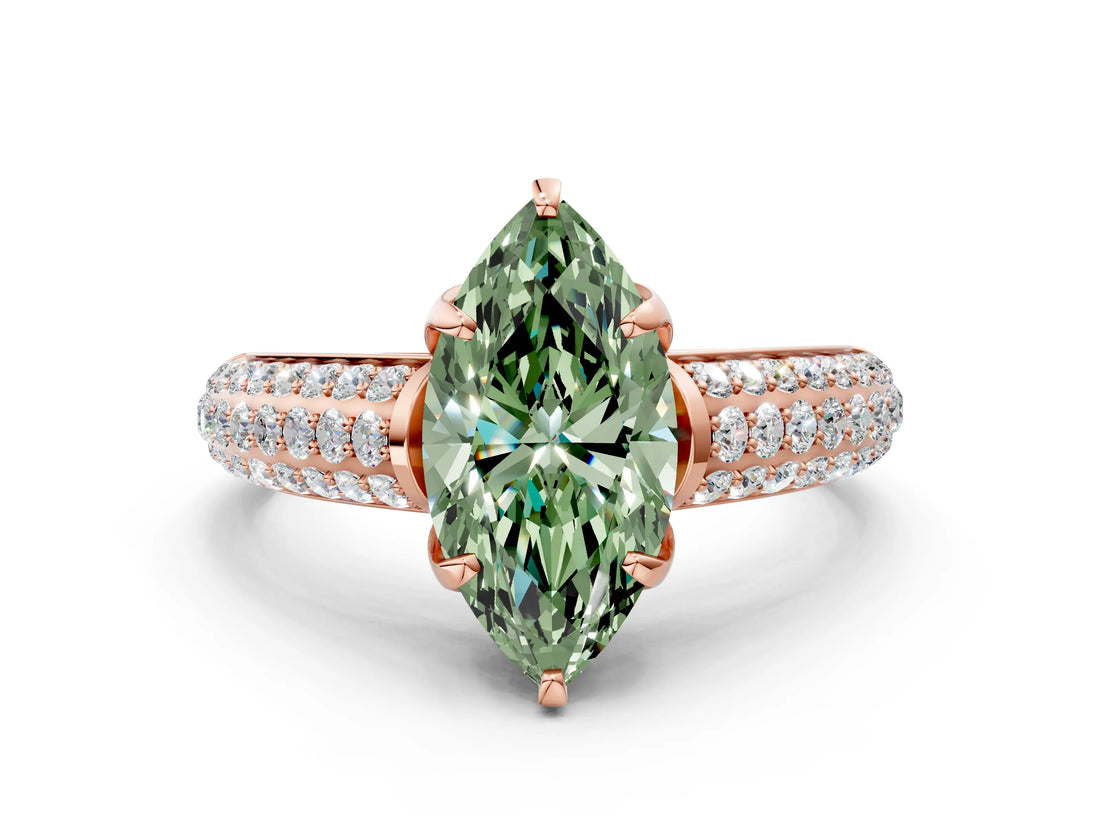Rose gold Fancy Green Marquise Cut Diamond Solitaire Ring with Three-Row Pavé Band and Four-Prong Setting_37