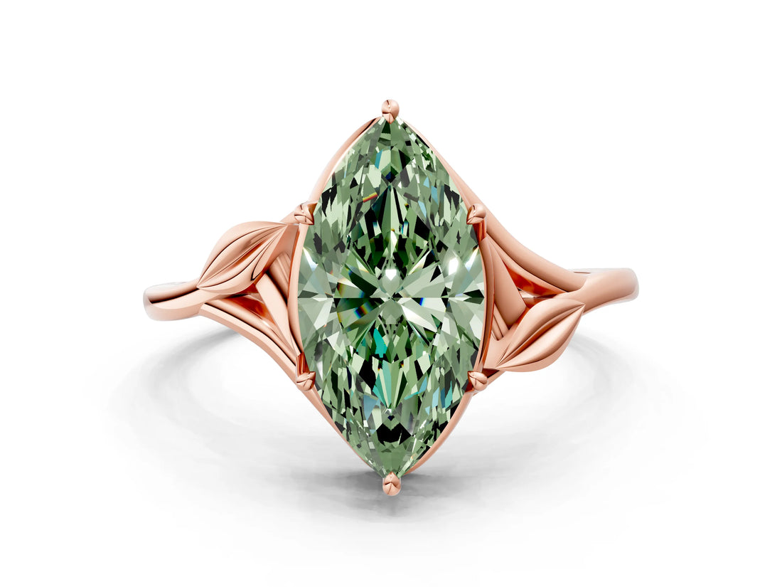 Rose gold Fancy Green Marquise Cut Diamond Solitaire Ring with Twist Band and Four-Prong Setting_75
