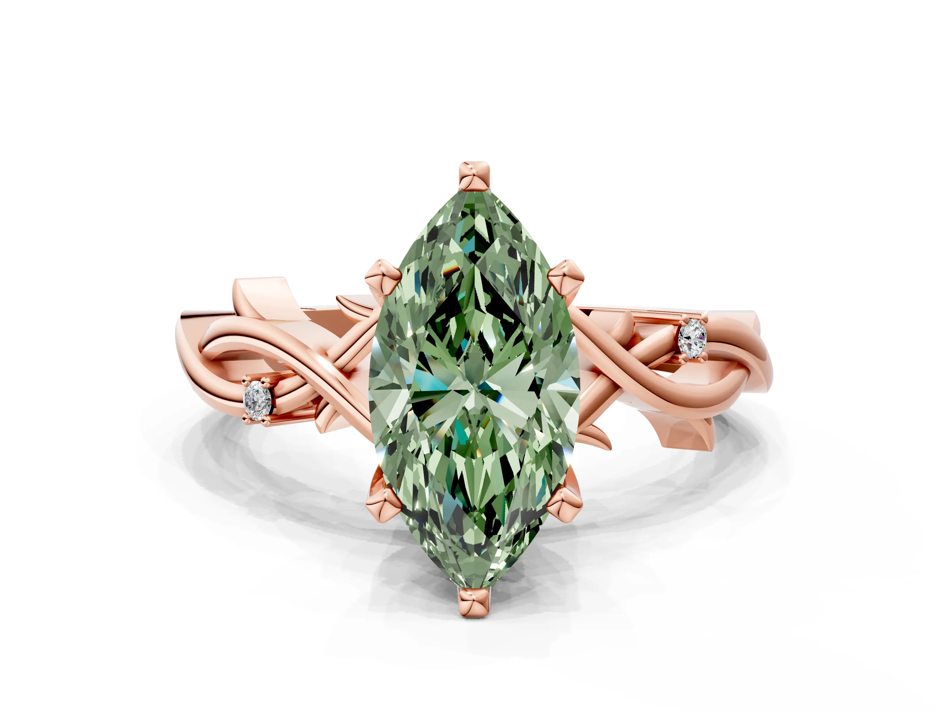 Rose gold Fancy Green Marquise Cut Diamond Solitaire Ring with Twisted Band and Prong Setting_200