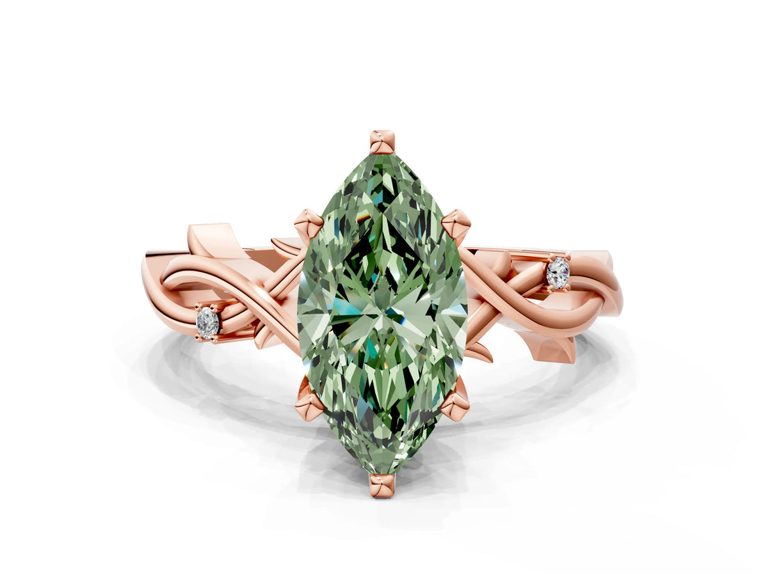 Rose gold Fancy Green Marquise Cut Diamond Solitaire Ring with Twisted Band and Prong Setting_200