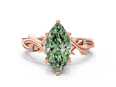 Rose gold Fancy Green Marquise Cut Diamond Solitaire Ring with Twisted Band and Prong Setting_200