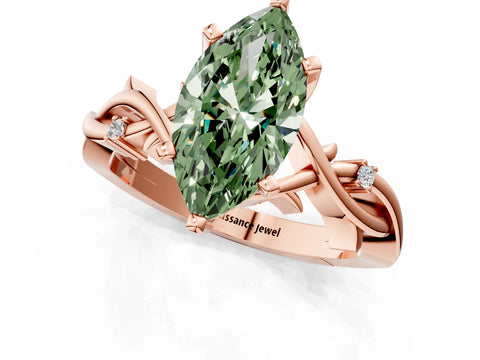 Rose gold Fancy Green Marquise Cut Diamond Solitaire Ring with Twisted Band and Prong Setting_201