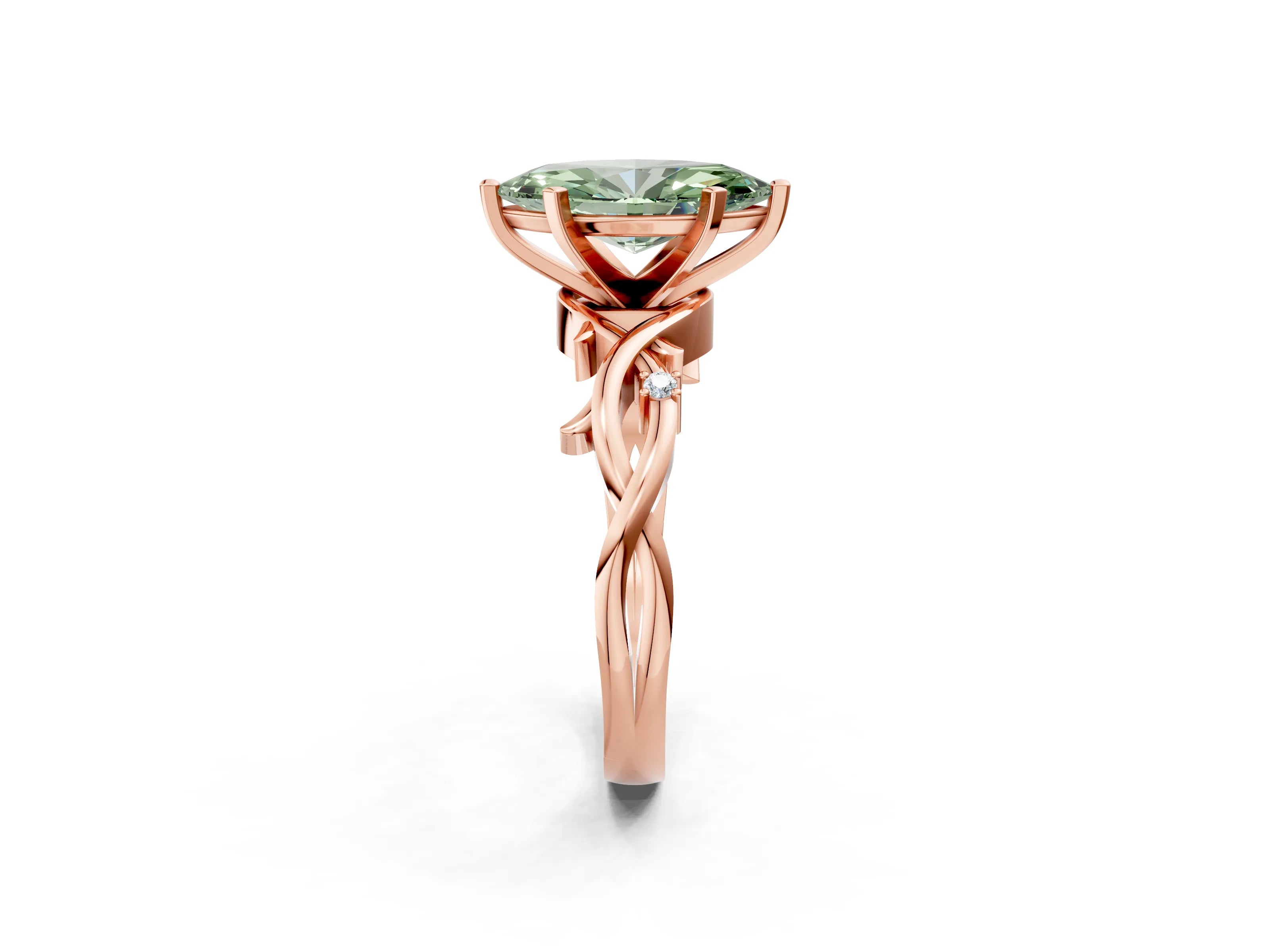 Rose gold Fancy Green Marquise Cut Diamond Solitaire Ring with Twisted Band and Prong Setting_202