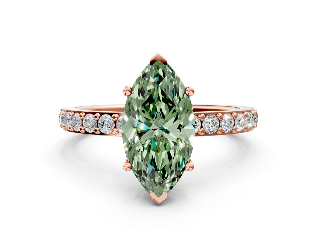 Rose gold Fancy Green Marquise  Cut Diamond Solitaire with Pave Band and Four-Prong Setting 1