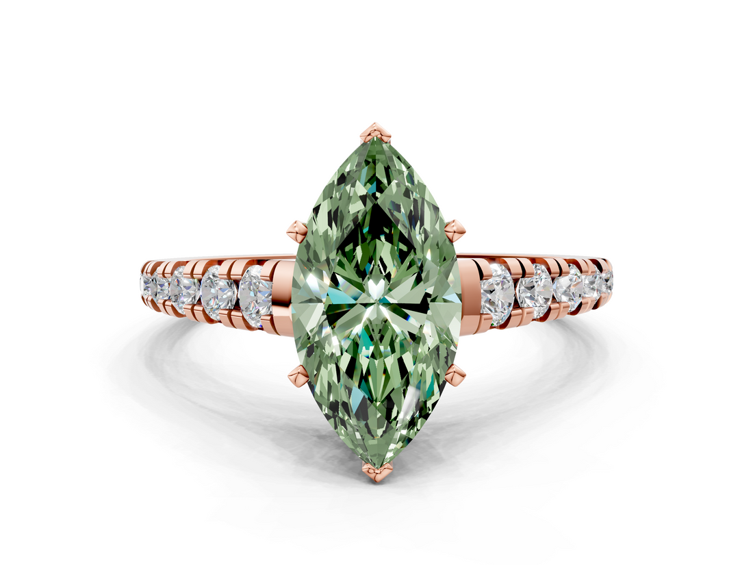 Rose gold Fancy Green Marquise  Cut Diamond Solitaire with Pave Band and Four-Prong Setting_133