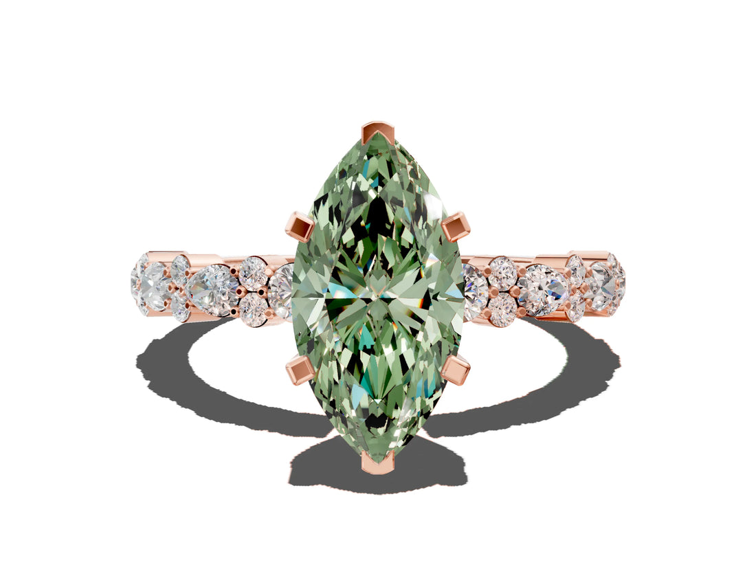 Rose gold Fancy Green Marquise Cut Diamond Solitaire with Side Stones, Pave Band, Four-Prong Setting_87