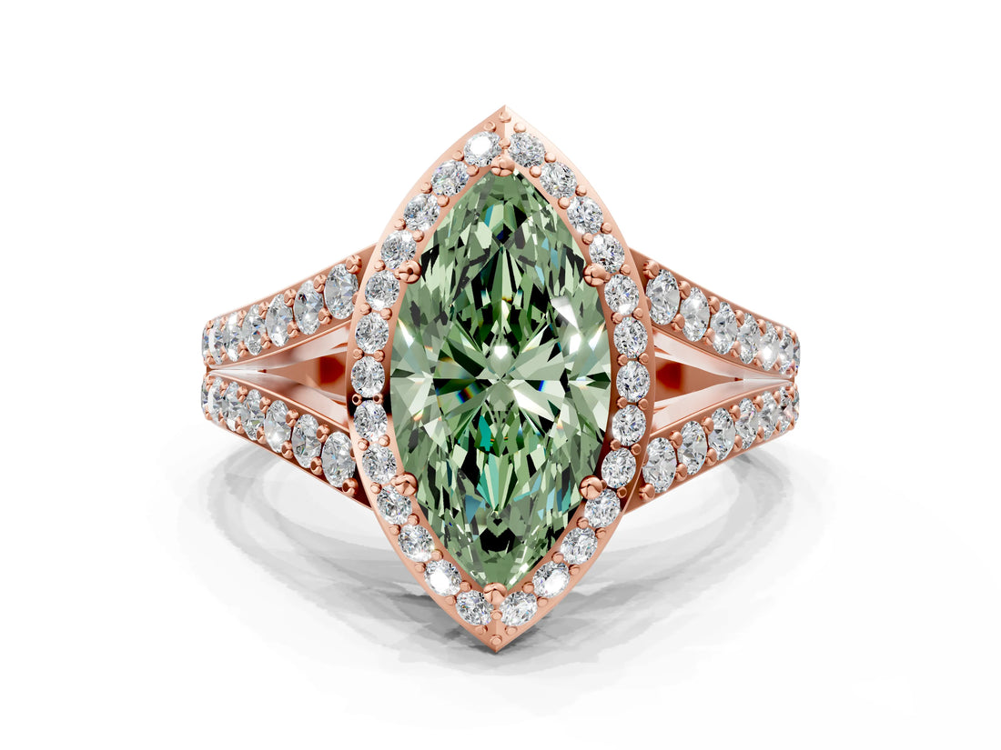 Rose gold Fancy Green Marquise Cut Diamond Split Shank Halo Ring with Four-Prong Setting_41