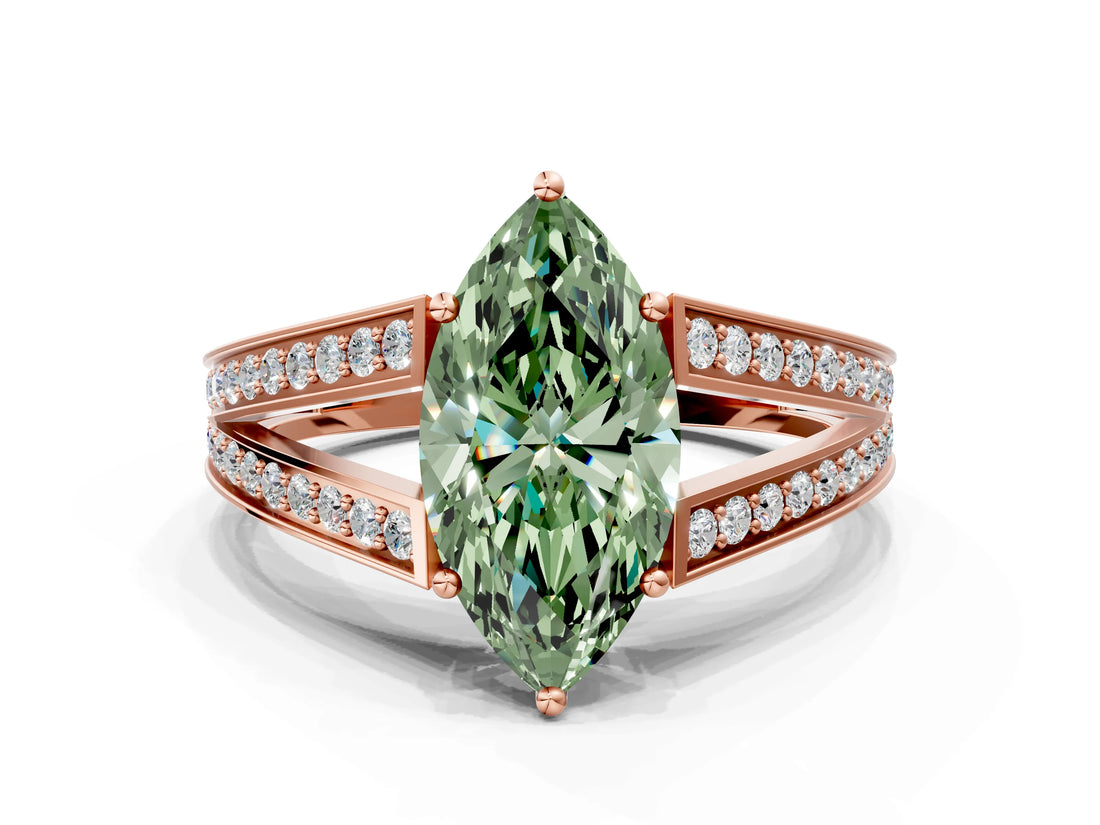 Rose gold Fancy Green Marquise Cut Diamond Split Shank Ring with Pavé Band and Four-Prong Setting_44