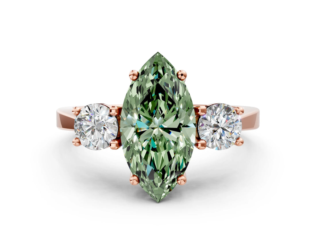 Rose gold Fancy Green Marquise Cut Diamond Three-Stone Engagement Ring with Prong Setting and Pavé Band