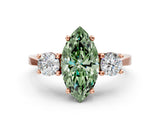 Rose gold Fancy Green Marquise Cut Diamond Three-Stone Engagement Ring with Prong Setting and Pavé Band