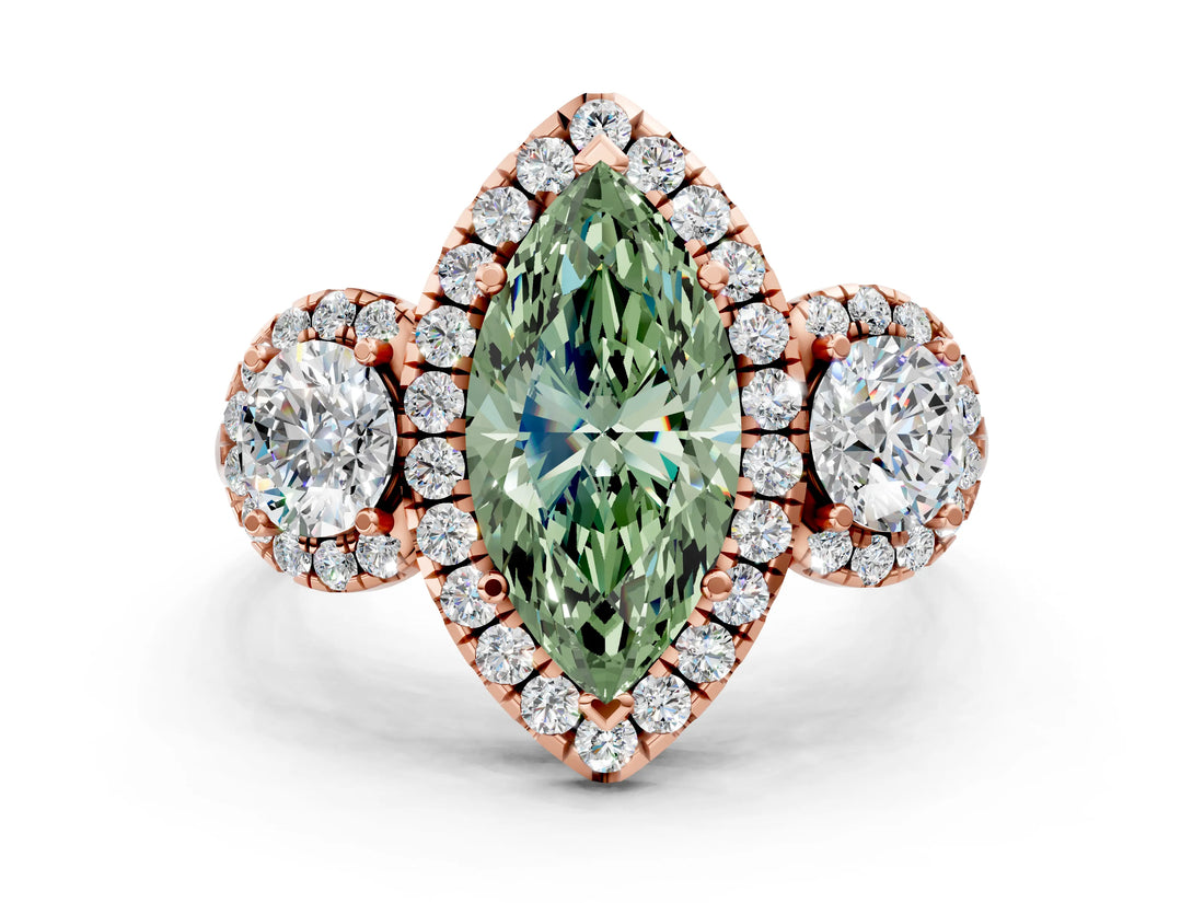 Rose gold Fancy Green Marquise Cut Diamond Three-Stone Halo Ring with Prong Setting and Pavé Accents