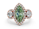 Rose gold Fancy Green Marquise Cut Diamond Three-Stone Halo Ring with Prong Setting and Pavé Accents