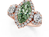 Rose gold Fancy Green Marquise Cut Diamond Three-Stone Halo Ring with Prong Setting and Pavé Accents_1