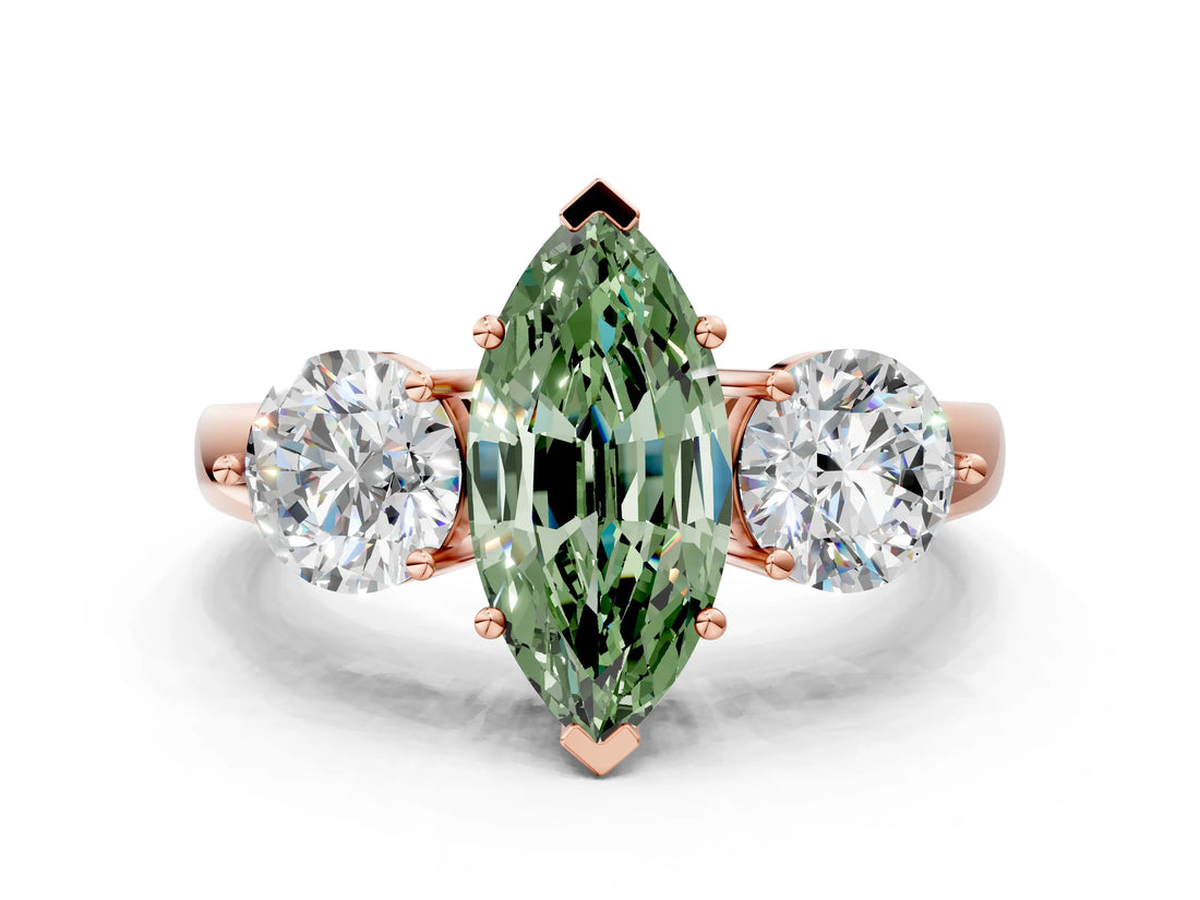 Rose gold Fancy Green Marquise Cut Diamond Three-Stone Ring with Prong Setting and Classic Band_111