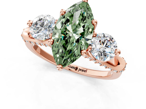 Rose Gold Marquise Curved Pave Three Stone Engagement Ring Setting for Fancy Green Center
