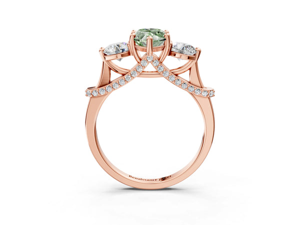 Rose Gold Marquise Curved Pave Three Stone Engagement Ring Setting for Fancy Green Center