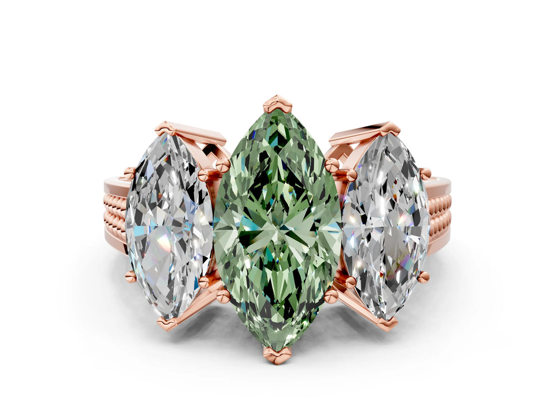 Rose gold Fancy Green Marquise Cut Diamond Three-Stone Ring with Prong Setting and Textured Band