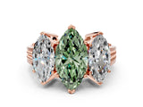 Rose gold Fancy Green Marquise Cut Diamond Three-Stone Ring with Prong Setting and Textured Band