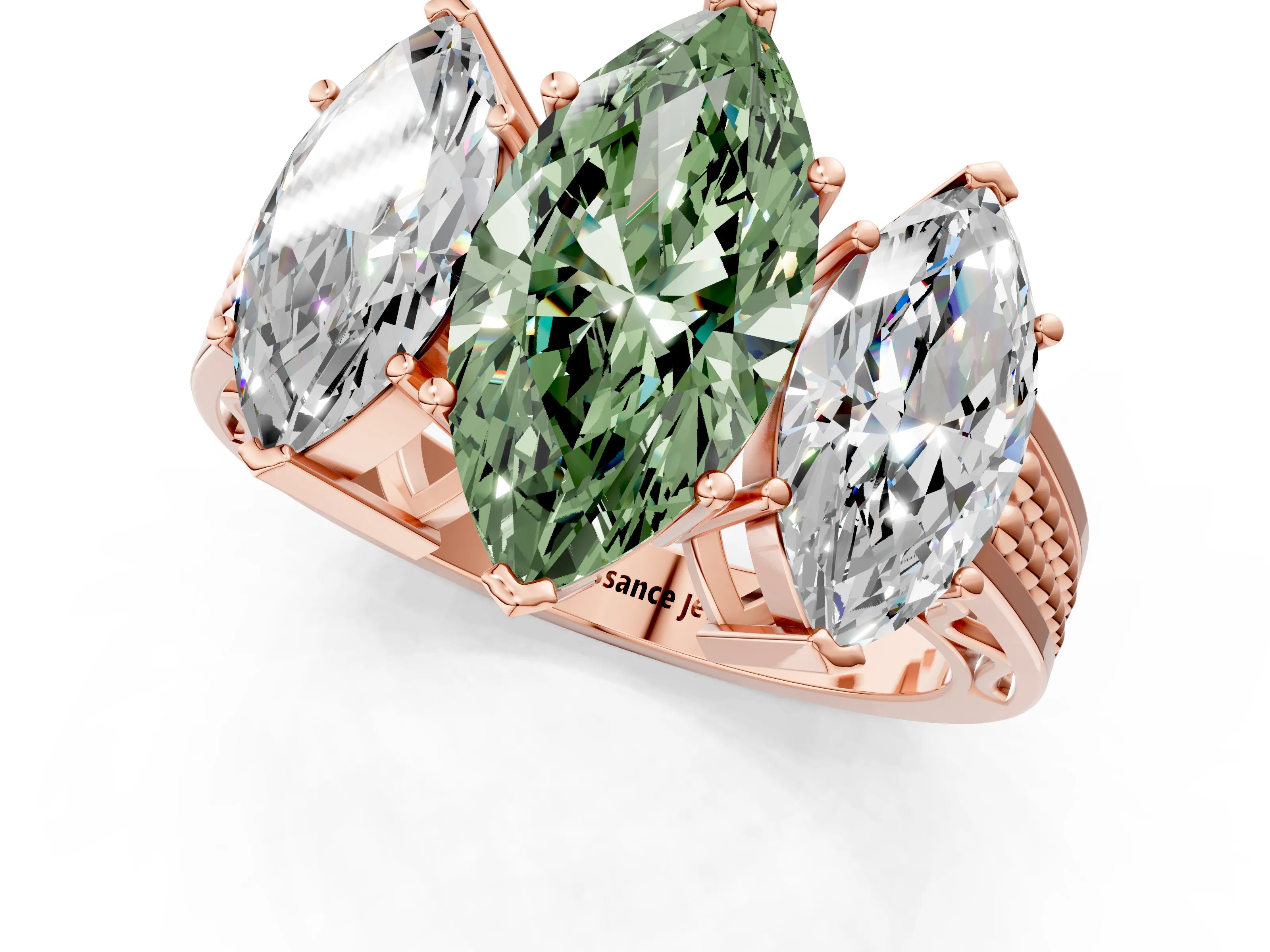 Rose gold Fancy Green Marquise Cut Diamond Three-Stone Ring with Prong Setting and Textured Band_1