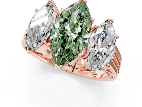 Rose gold Fancy Green Marquise Cut Diamond Three-Stone Ring with Prong Setting and Textured Band_1