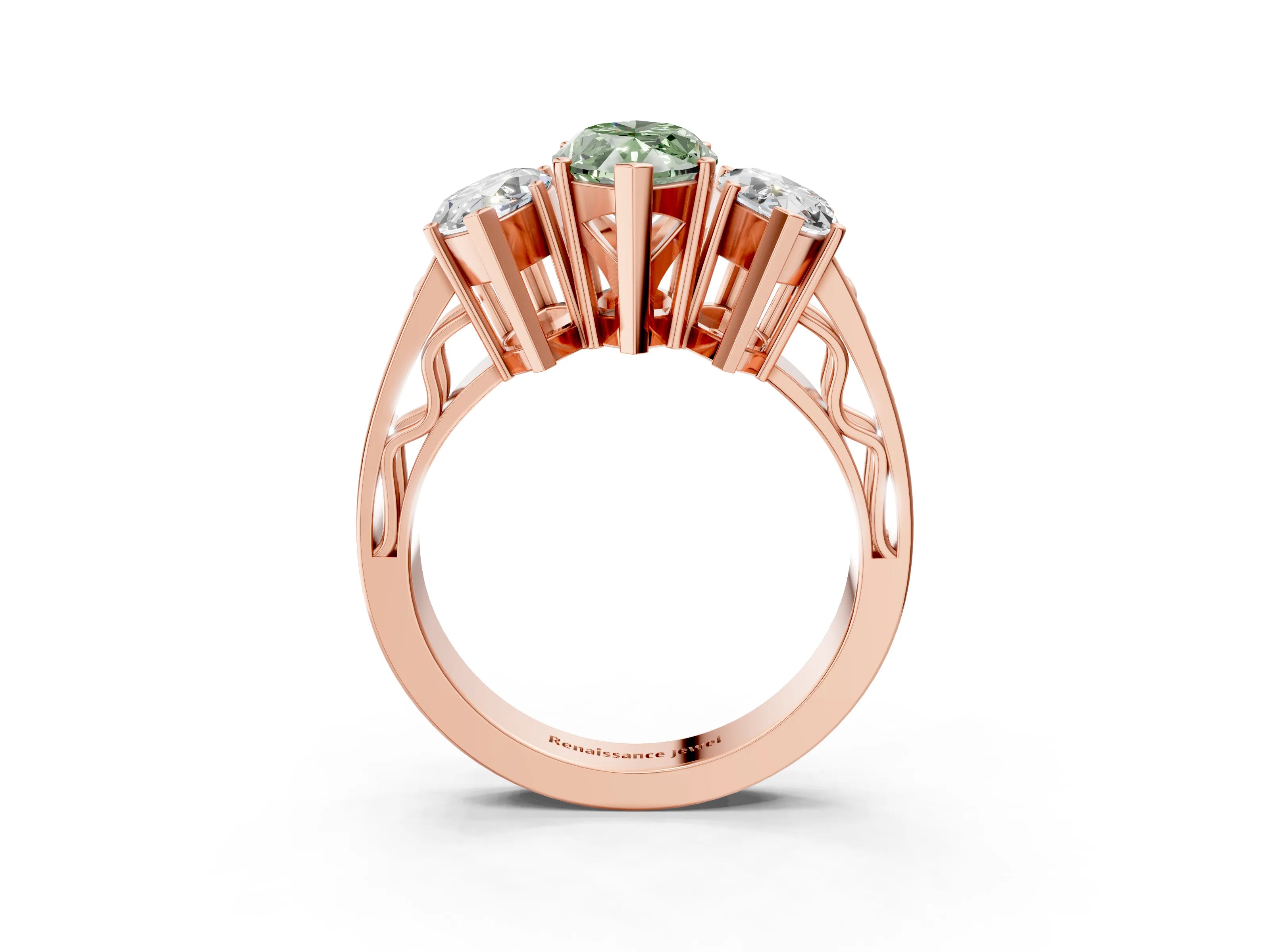 Rose gold Fancy Green Marquise Cut Diamond Three-Stone Ring with Prong Setting and Textured Band_3