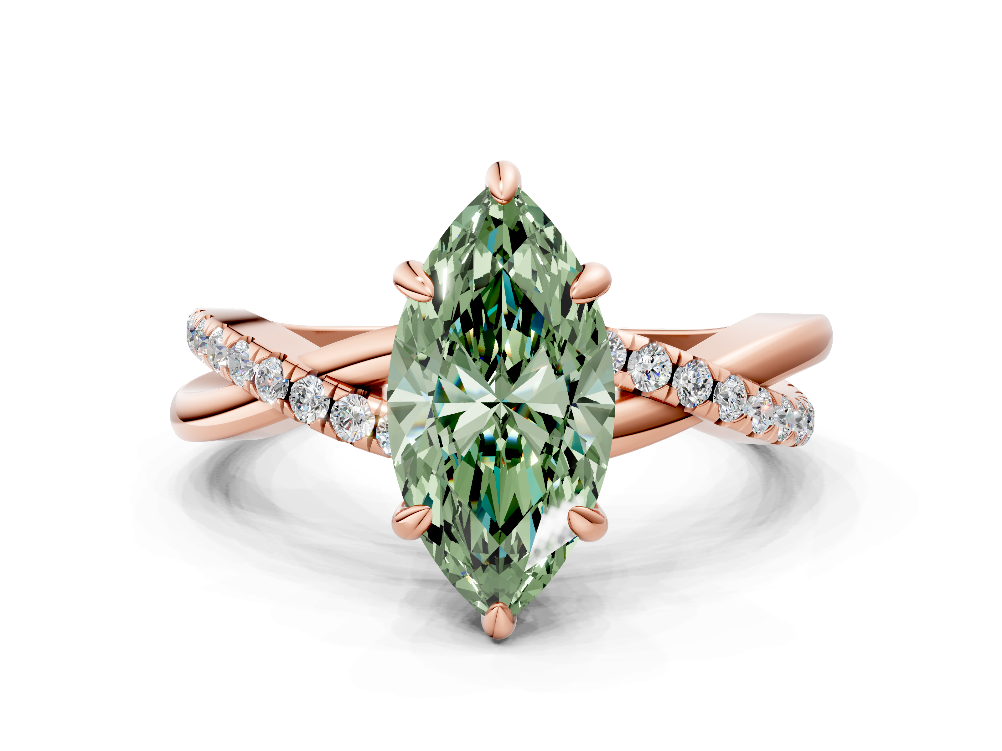 Rose gold Fancy Green Marquise  Cut Diamond Twist Band Solitaire with Prong Setting_38