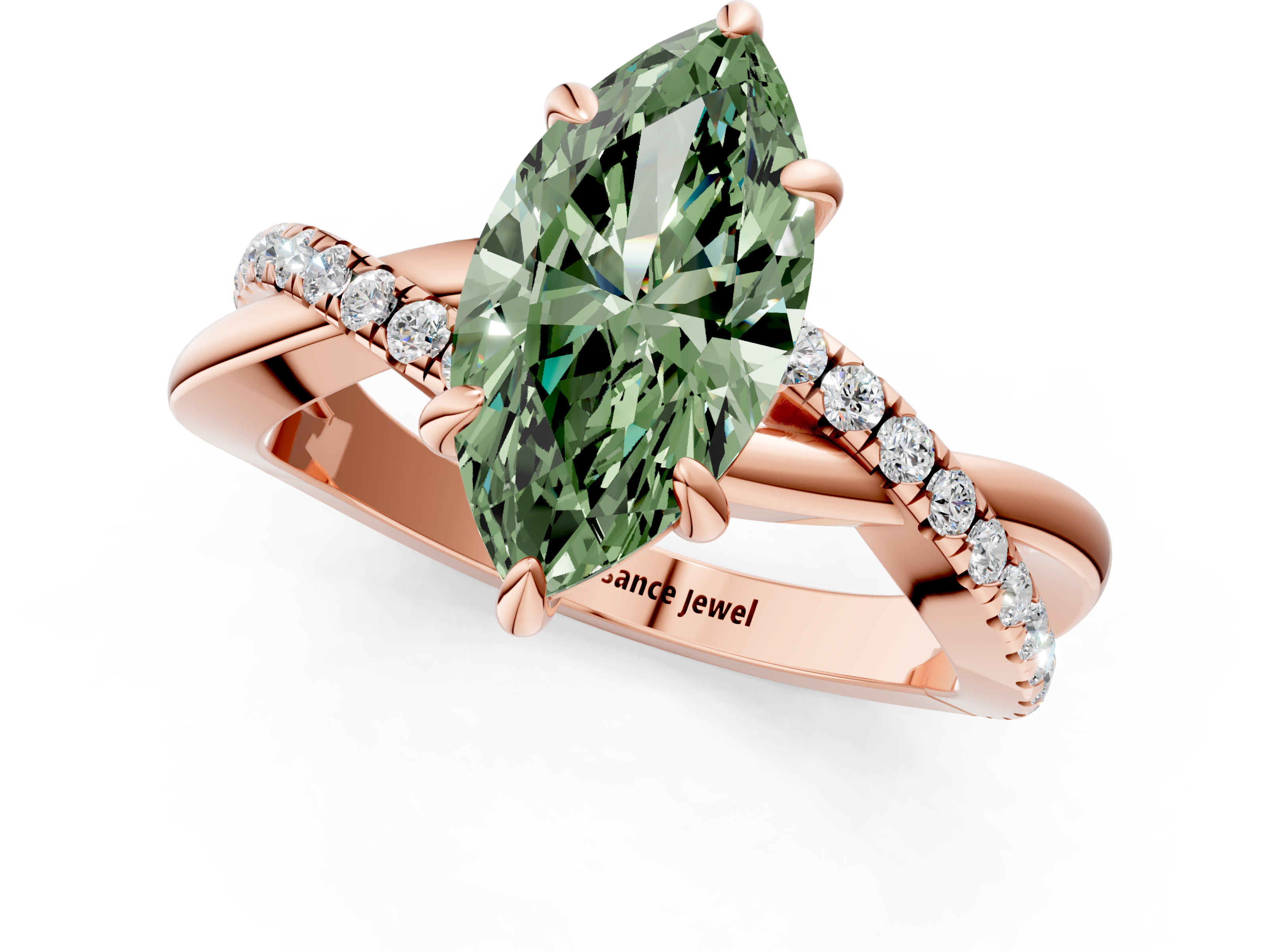Rose gold Fancy Green Marquise  Cut Diamond Twist Band Solitaire with Prong Setting_39