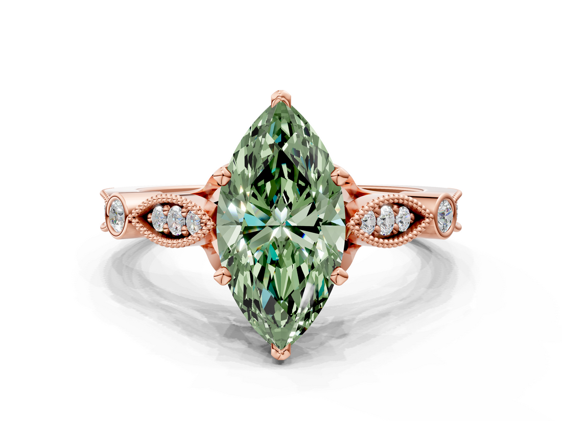 Rose gold Fancy Green Marquise  Cut Diamond with Milgrain Marquise and Bezel Accents on a Solitaire Band with Prong Setting_230