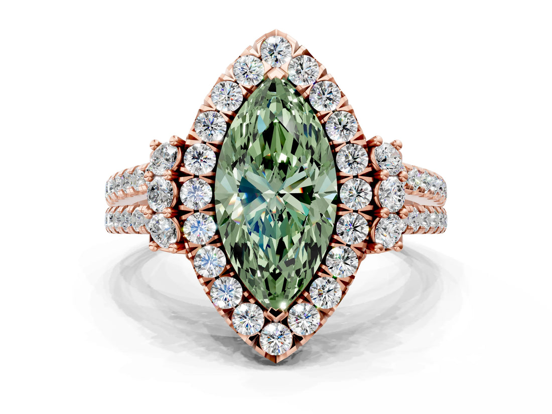 Rose gold Fancy Green Marquise  Cut Double Halo Diamond Engagement Ring with Pave Band and Four-Prong Setting