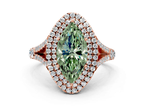 Rose gold Fancy Green Marquise  Cut Double Halo Split Shank Diamond Ring with Prong Setting