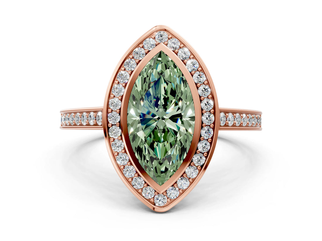 Rose gold Fancy Green Marquise Cut Halo Bezel Diamond Pave Band Ring